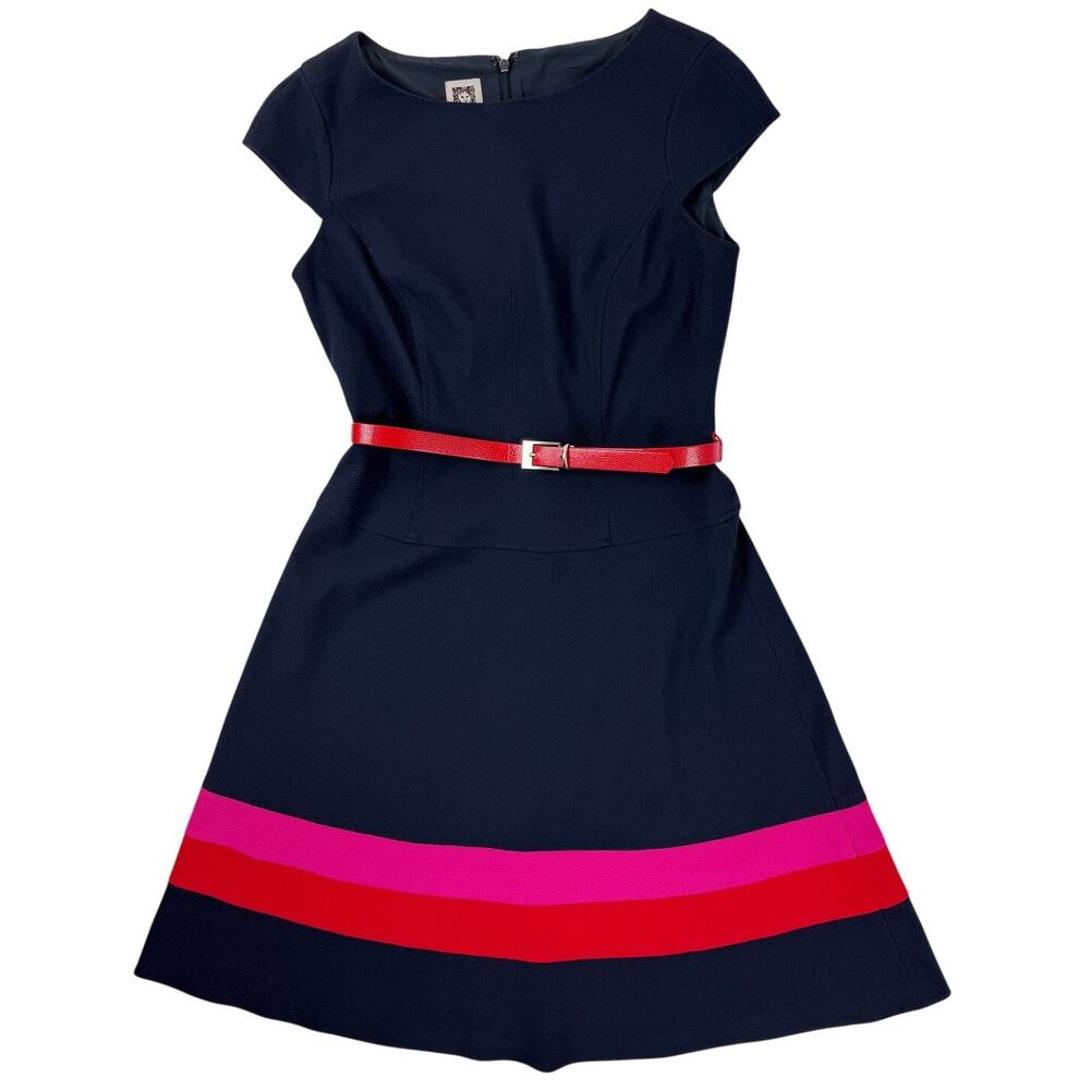 Anne Klein Navy Pink Striped Belted Fit & Flare Dress Women’s 2 - Picture 3 of 7